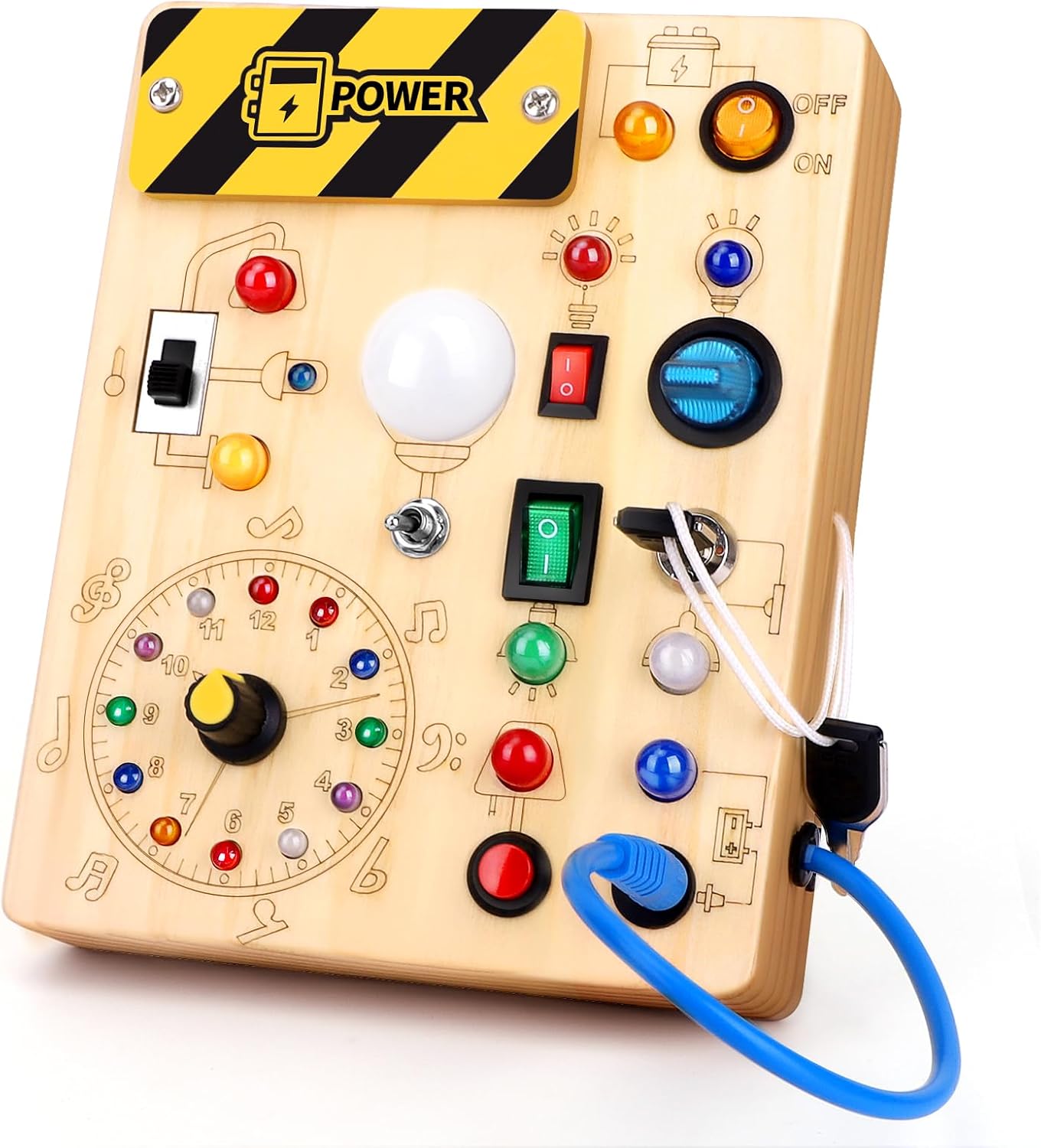 Grarain wooden busy board with switches, lights, dial and tethered key