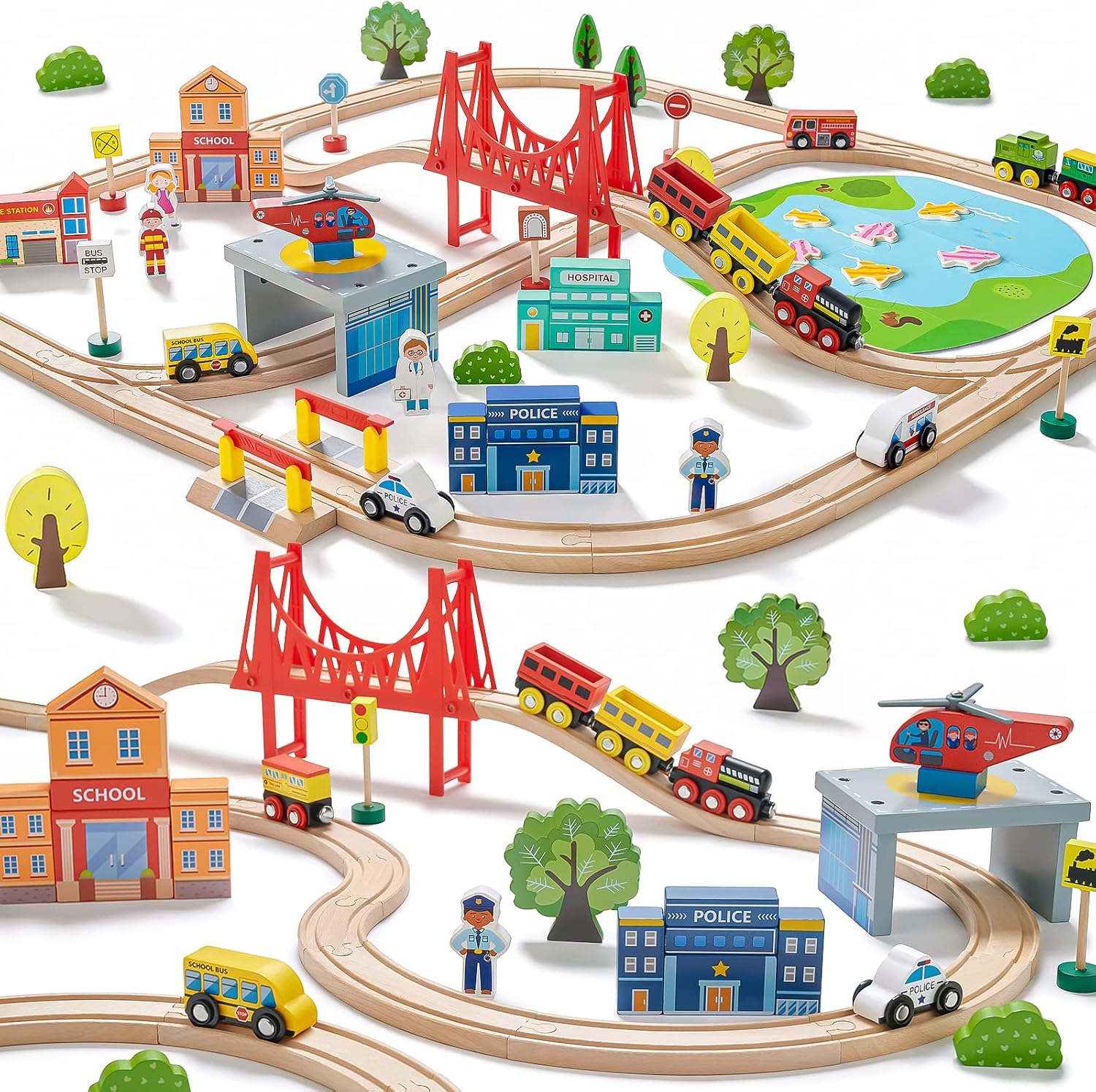 Tiny Land wooden railway with tracks, bridge, trains and town accessories