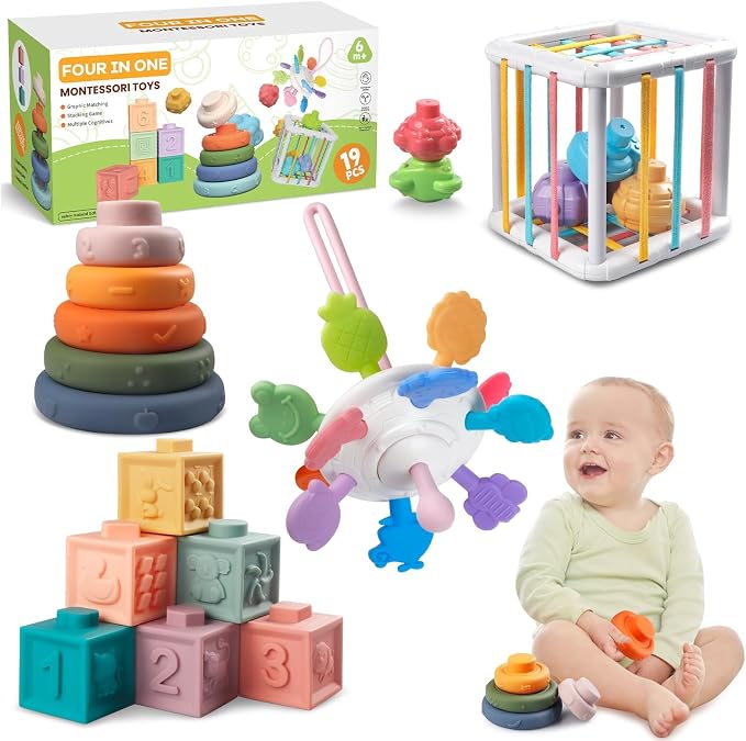 Four-in-one toy set with stacking rings, textured blocks, sensory cube and pull-string toy