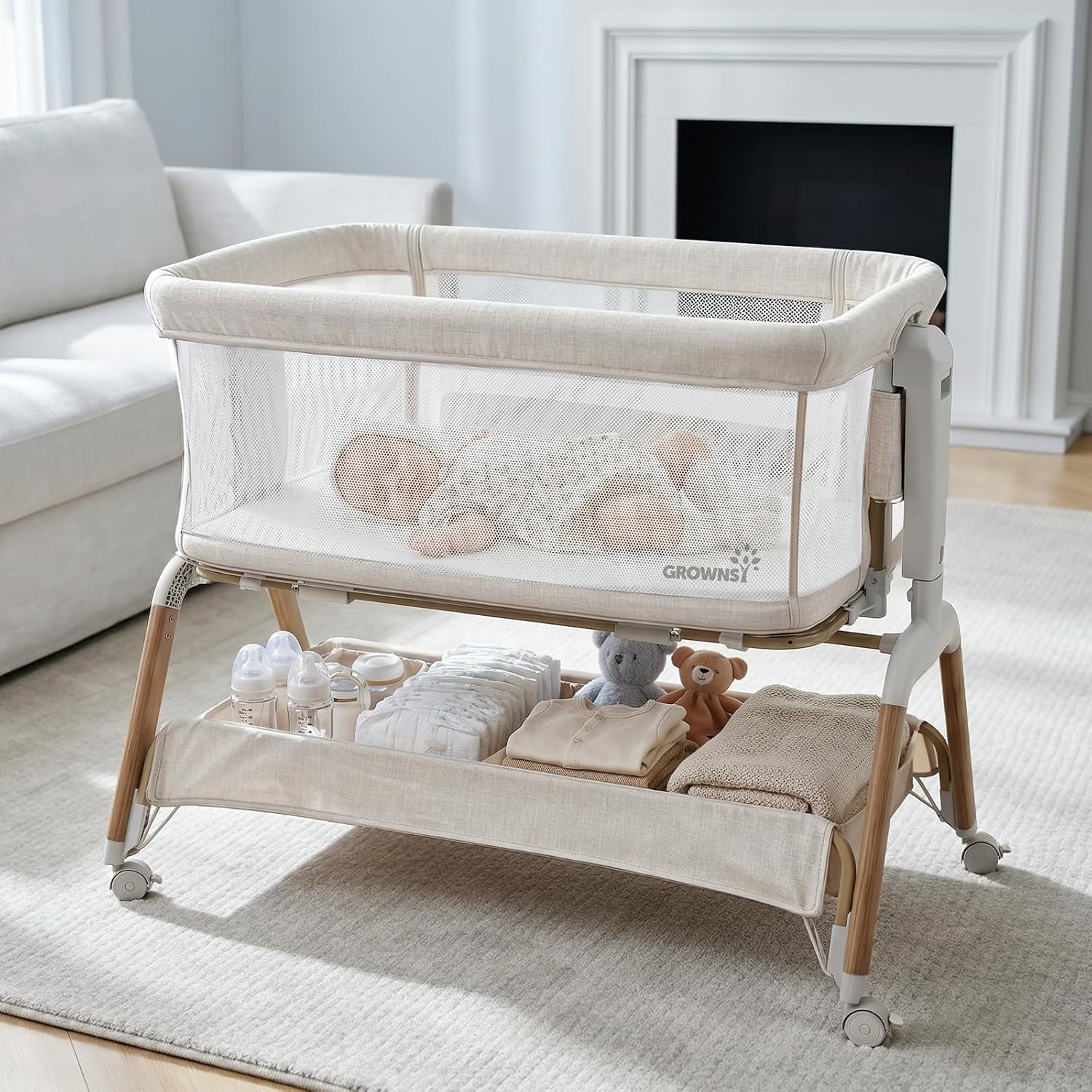 GROWNSY 5-in-1 Bassinet & Bedside Sleeper — Beige