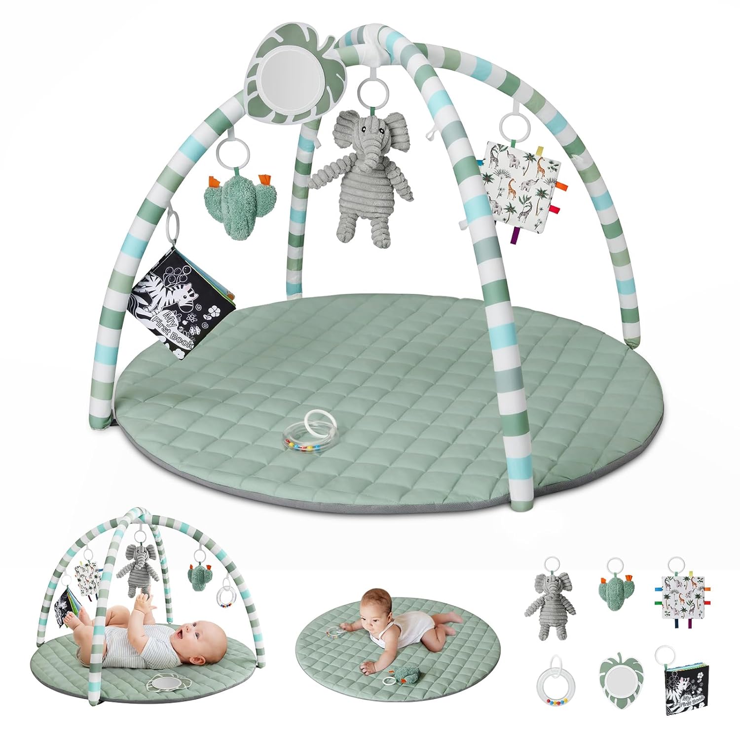 Blissful Diary Baby Play Gym Mat — Sage Green · 6 detachable toys