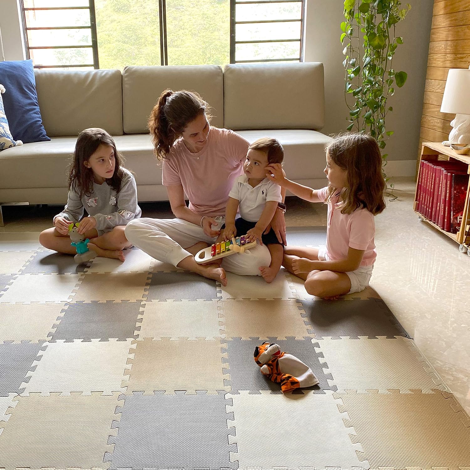 MioTetto Interlocking Foam Play Mat — Cream / Gray / Beige · 50 × 50 playpen option