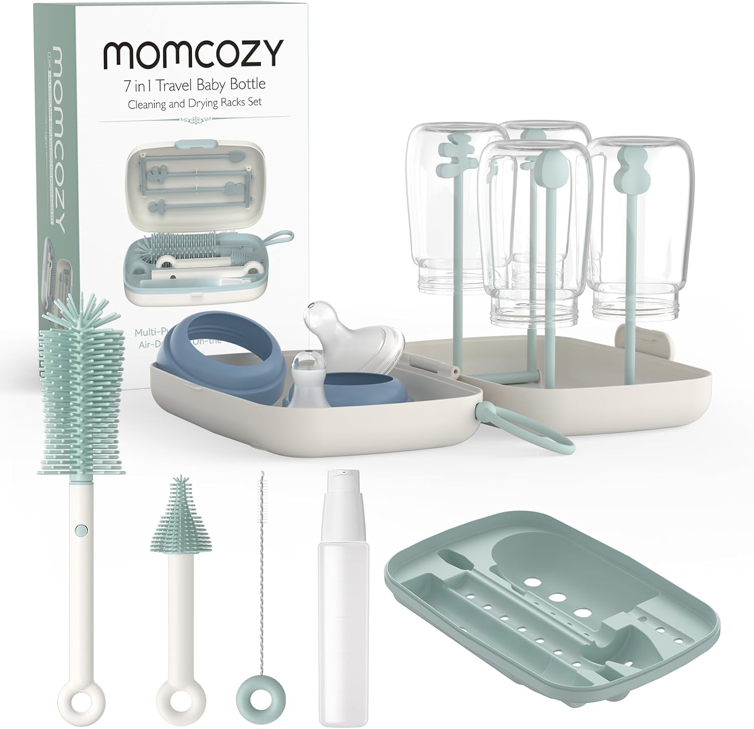 Momcozy 7-in-1 Bottle Brush Set & Drying Rack — Classic Style · Green