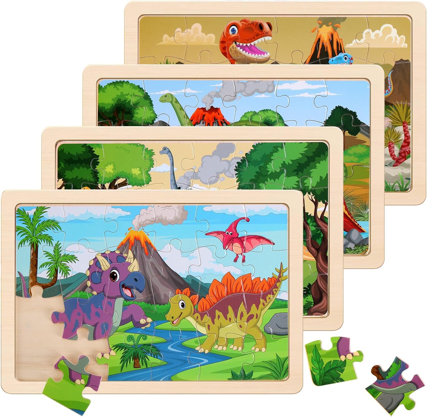 NASHRIO Wooden Dinosaur Jigsaw Puzzles — Ages 3+ · 4 puzzles