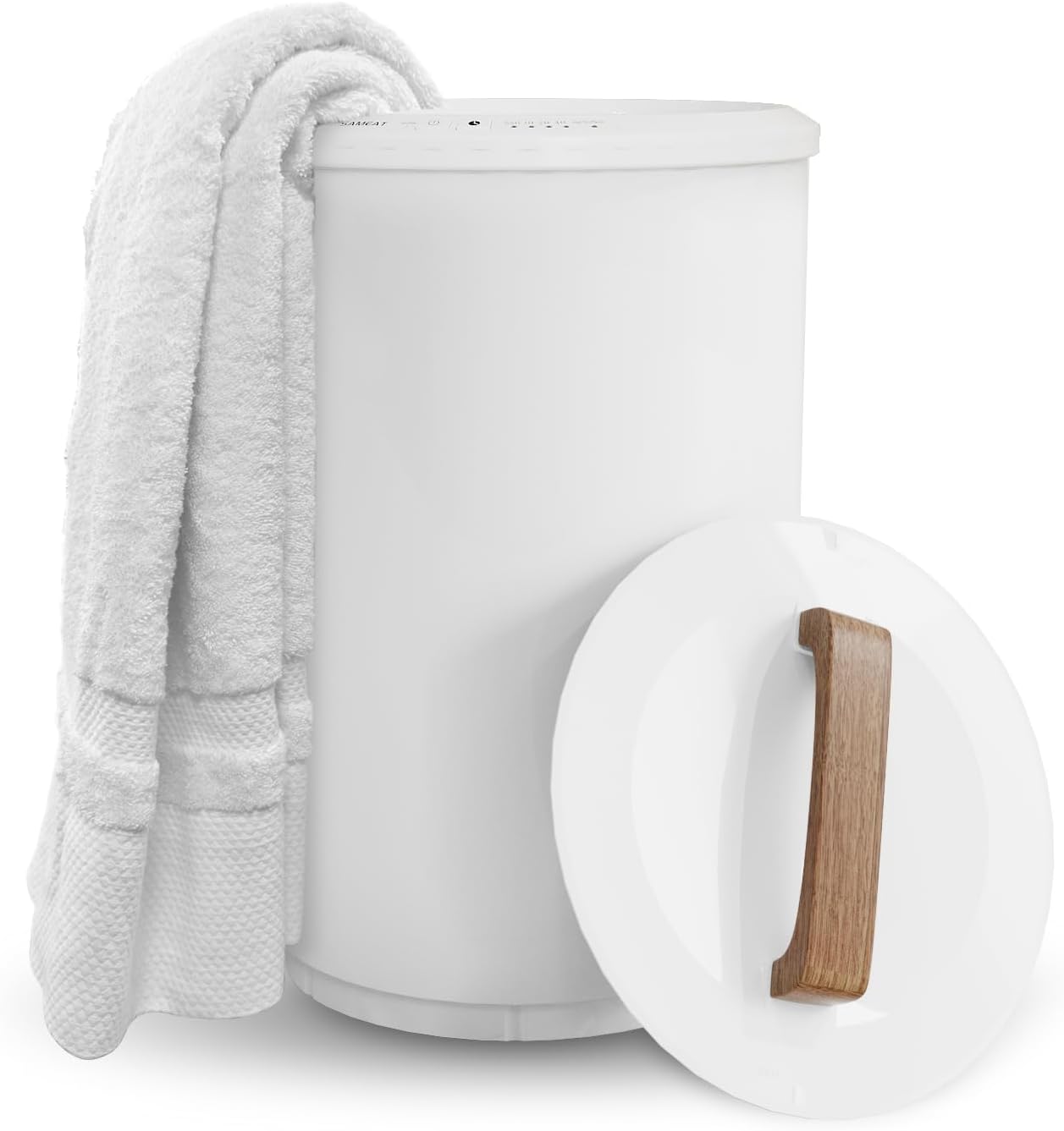 White SAMEAT towel warmer bucket with wood lid handle and bath towel