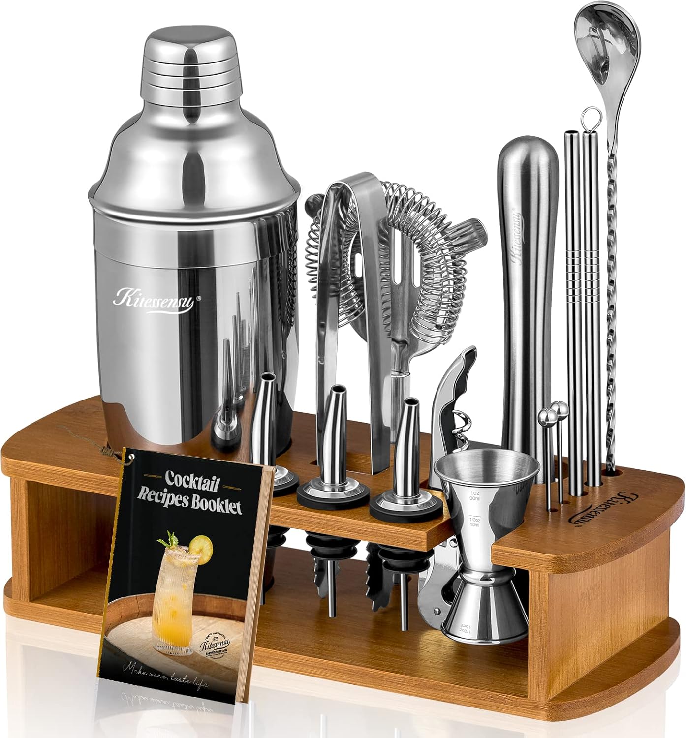 Silver KITESSENSU cocktail shaker and bartender tools arranged on a wooden stand