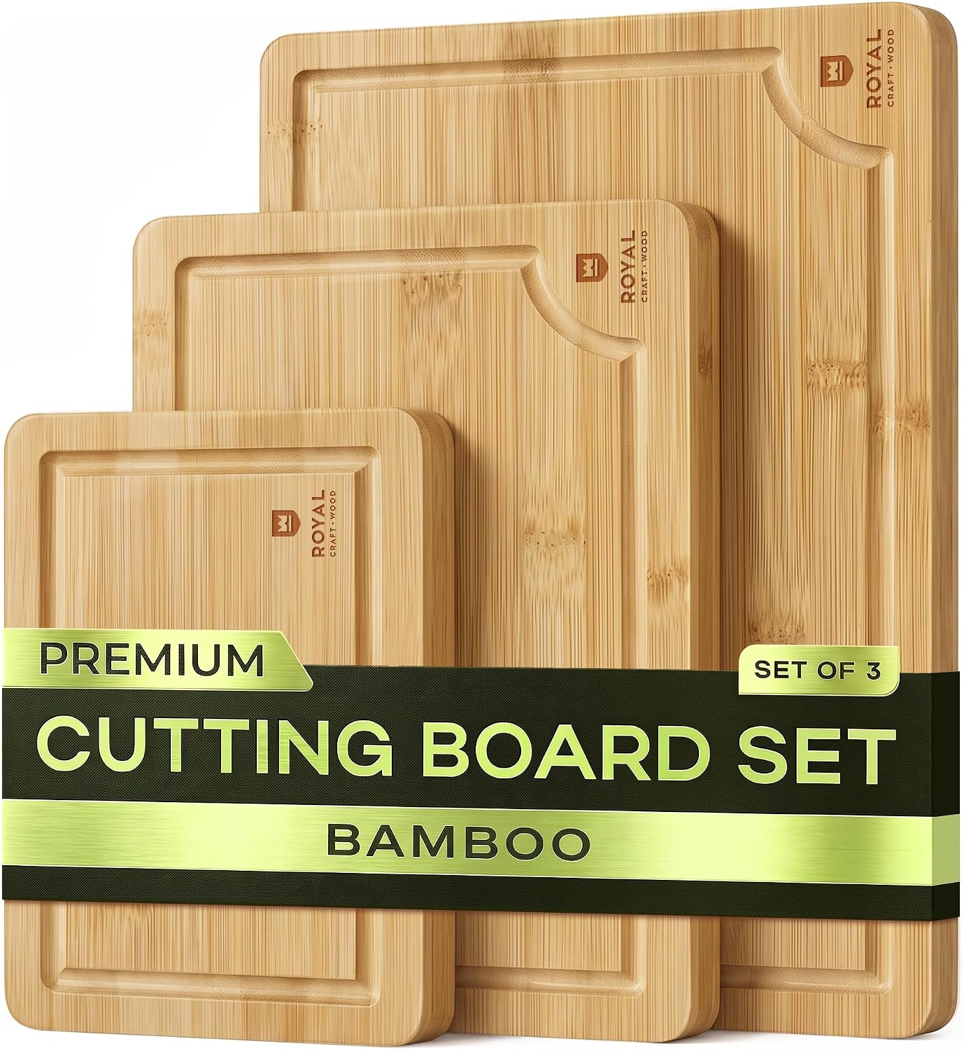 Set of three ROYAL CRAFT WOOD bamboo cutting boards with juice grooves