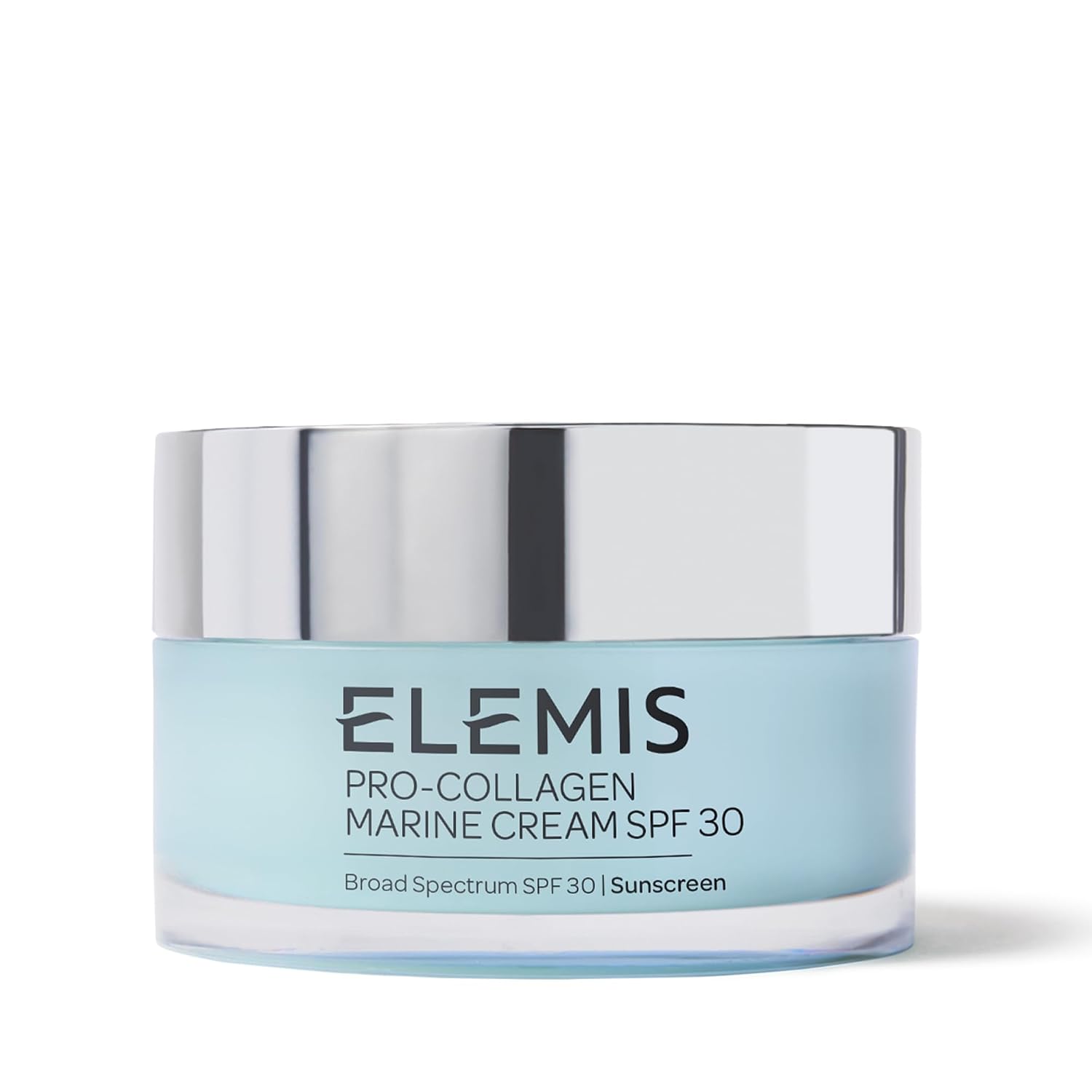 ELEMIS Pro-Collagen Marine Cream SPF 30 in a light blue jar with silver lid