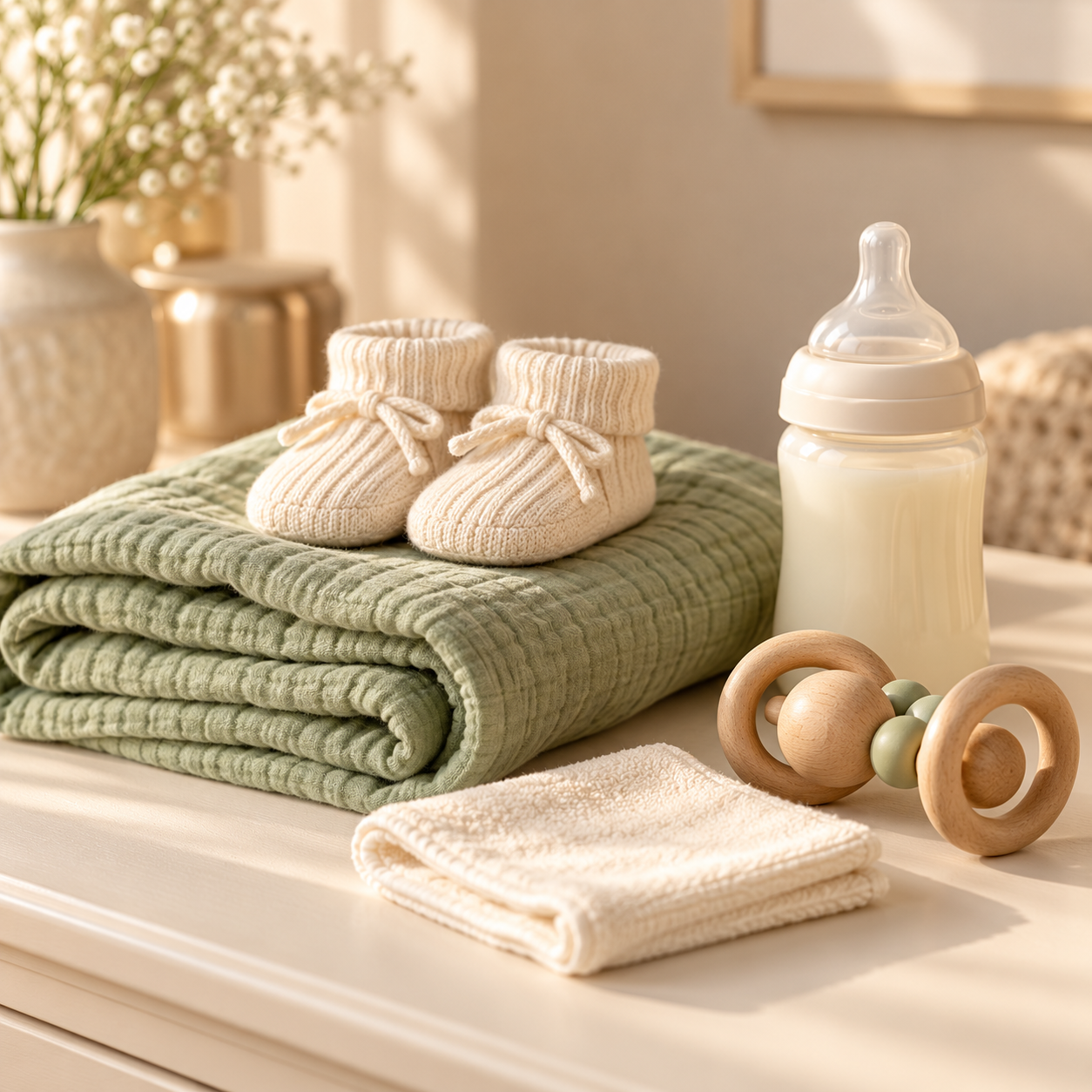 Baby booties, sage blanket, bottle and wooden rattle