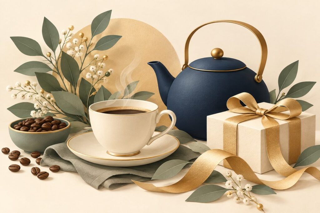 Coffee and tea gift inspiration with ceramic cup, teapot and wrapped gift