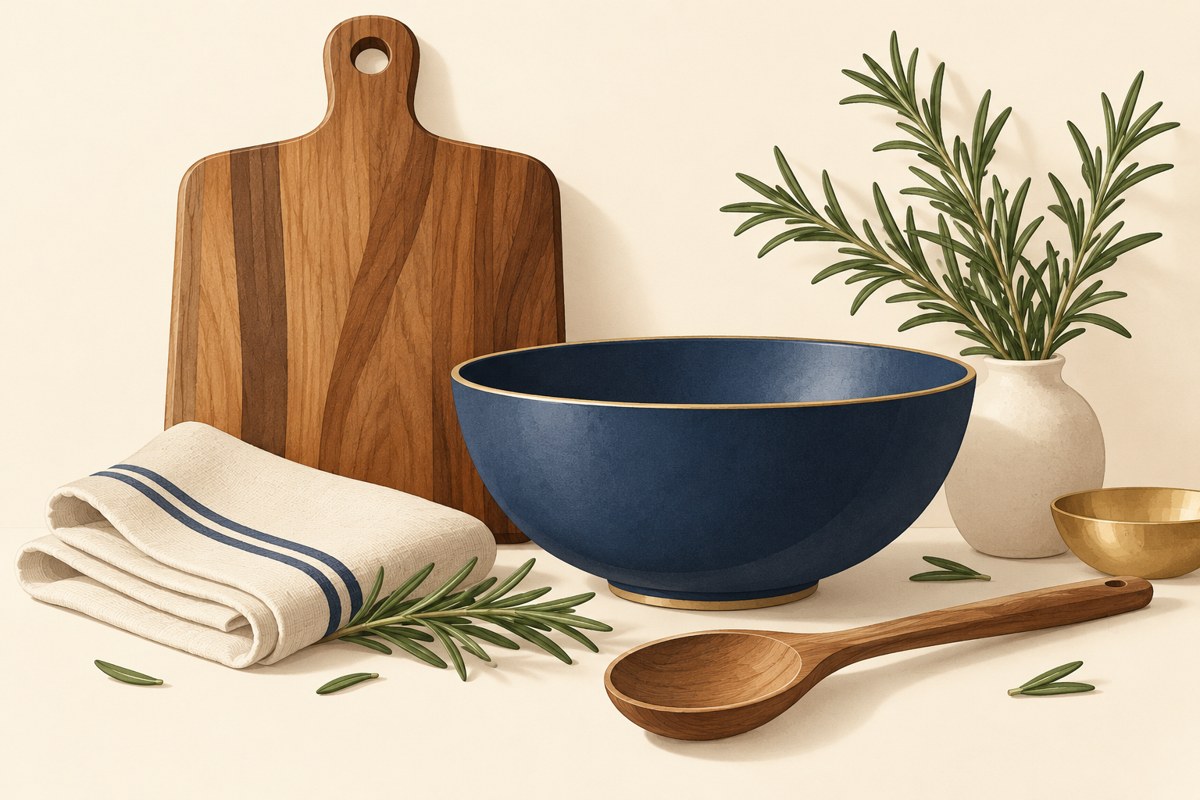 Kitchen gift inspiration with a wooden board, ceramic bowl and cooking utensils