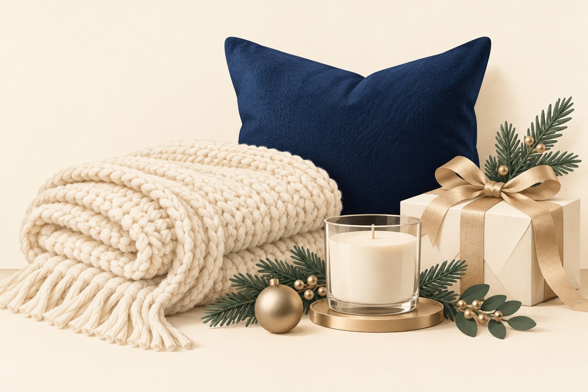 Cozy gift inspiration with a cream throw, navy cushion, candle and gold-ribbon gift