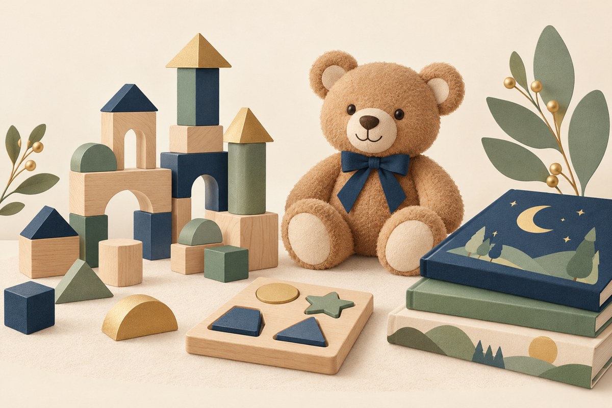 Playtime gift inspiration with wooden blocks, books, puzzle and teddy bear