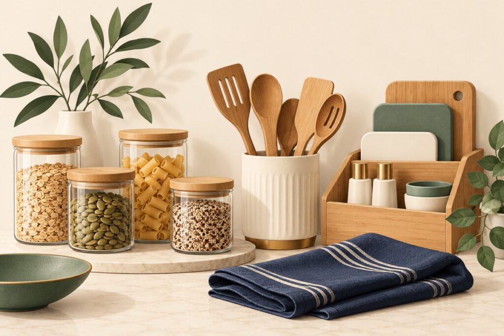 Everyday kitchen inspiration with storage jars, utensils and a bamboo organizer